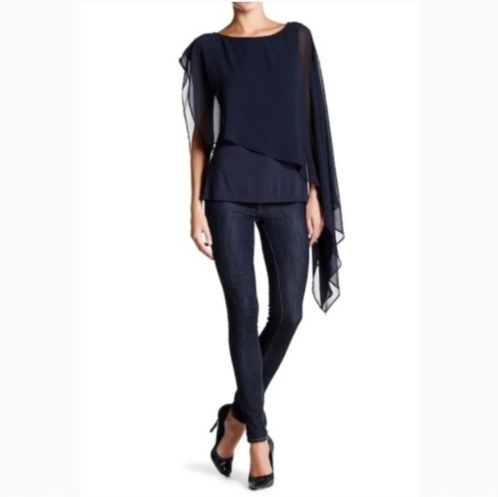 HAUTE HIPPIE DRAMATIC ASYMMETRICAL FLOWY CHIFFON OVERLAY SCARF TOP MIDNIGHT BLUE - Picture 2 of 9